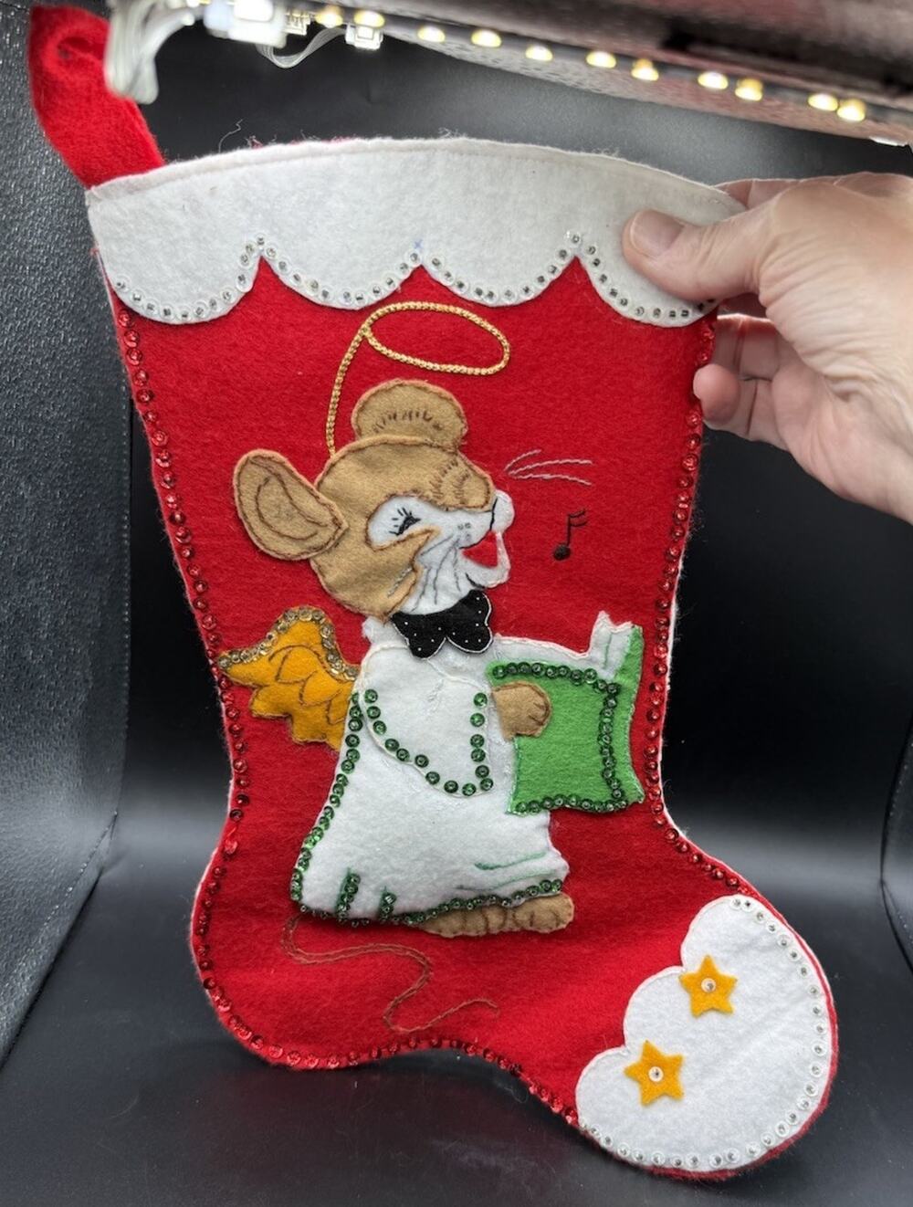 Bucilla Large 13” Christmas Stocking Mouse Angel Completed Sequin Felt VTG -LO19
